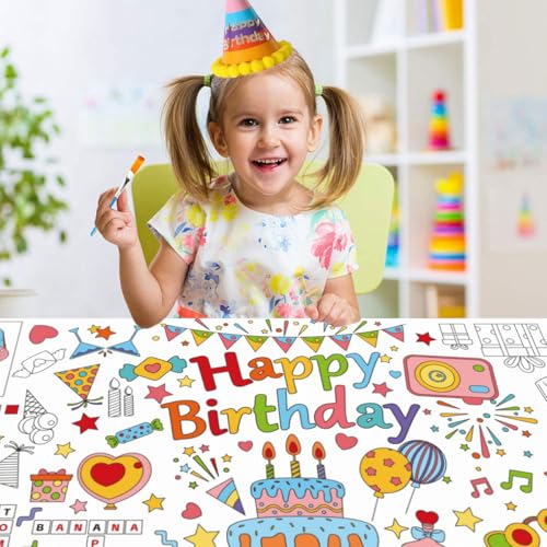 Lltdmest 02 Birthday Giant Coloring Poster,35X72Inch Happy Birthday Coloring Tablecloth, Drawing Paper Coloring Tablecover, Happy Birthday Activities Diy Coloring Mat For Kids Classroom Home Party Supplies cover