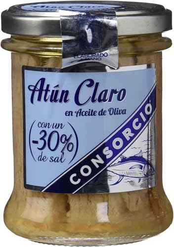 Consorcio - Atún Claro Ligero en Sal | 12 Tarros | con Menos del 30% de Sal | Lomos de Atún Enteros Cocidos | 100% Natural