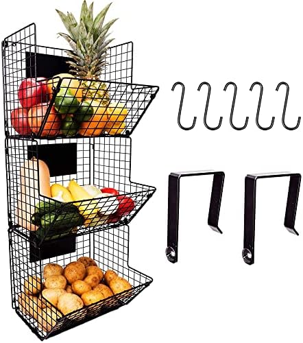 Culinary Couture 3-Tier Wire Hanging Basket for Organizing, Heavy-Duty Hanging Wall Baskets for Storage with Adjustable Chalkboards & S-Hooks, Minimalist Hanging Fruit Basket for Kitchen, Black
