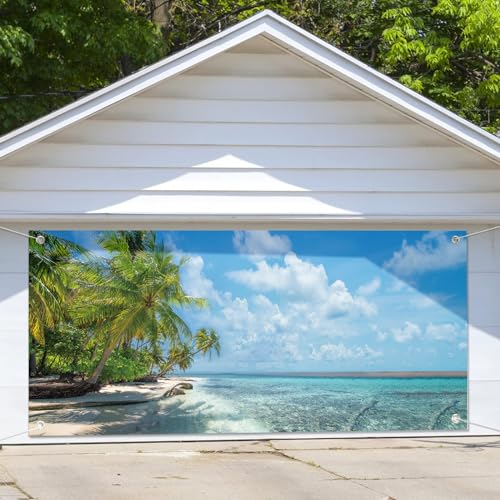 Hawaiianisches Garagentor-Banner, Sommer, tropische Strandlandschaft, 2,1 x 4,9 m, Meerespalme, Kokosnussbaum, blauer Himmel, Garagentorabdeckung, Hintergrund, Geburtstagsparty, Dekoration