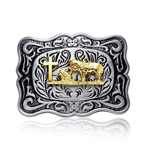 Bboten Horseman Belt Buckles For Men Women, Western Cowboy Vintage Grey Golden Cross Horse Pray Floral Belt Buckle #TOP21