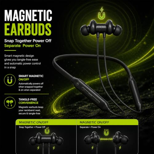 Image of Kratos N4 Bluetooth Neckband with 55H Playtime, Deep Bass, Stereo Sound, HD Calls, Magnetic Earbuds, Type-C Fast Charging, Rich Audio, Hollow Switch for Comfort & Style (Black)