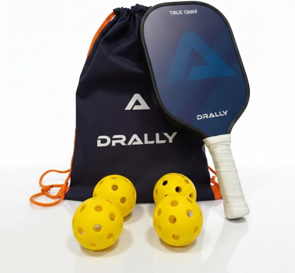 Drally 13 mm Pickleball Paddle Racket with 4 Indoor Balls | Fiberglass Paddle for Faster Response Powerful Shots | Tournament-Grade 26-Hole Balls | Elegant Drawstring Bag to Carry The kit