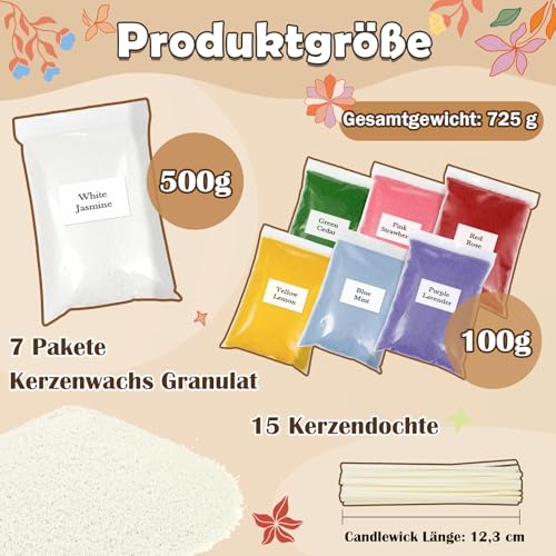 SCENTORINI Kerzensand mit 20 Docht, 1.1 kg, 7 Düfte, Kerzenwachs Granulat, Kerzen selber Machen Set, Pearled Candle, Jasmin, Minze, Zedernholz, Rose, Lavendel, Zitrone, Erdbeere