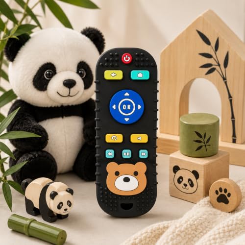 Image of CHICAGOZONE Premium Baby Silicone Teether Ring Toy - BPA Free Soft Teething Toy for Infants, Multi-Texture Sensory Chew Toy, Easy Grip Teether for Babies 3-12 Months, Cute Animal Design (Multicolor) (BLACK REMOTE PANDA.)