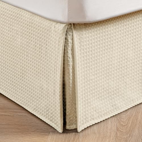 Image of MIYE Pleated Waffle Weave Bed Skirt, Tailored Dust Ruffle 14 Inch Drop Easy Fit, Machine Washable,No Split Corners (Light Beige, King - 14 inch Drop)