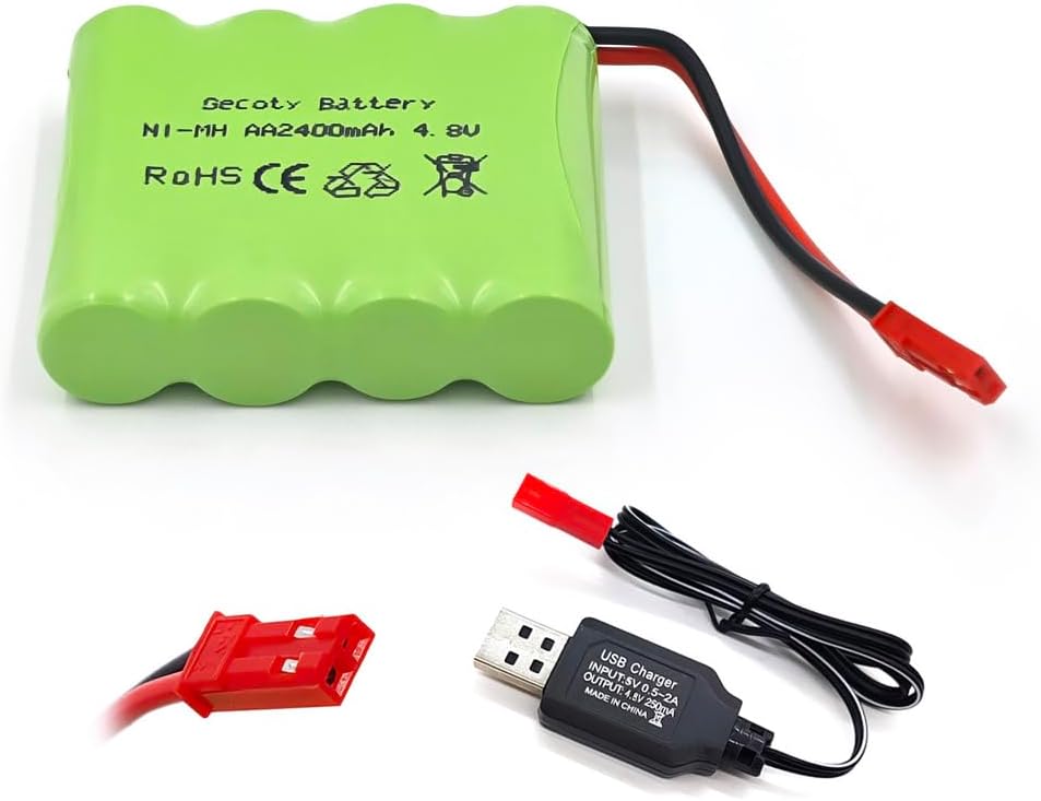 4.8v Battery Pack, 2400mAh Nimh AA Rechargeable RC Battery with Charge Cable for Trucks RC Cars （JST Plug）