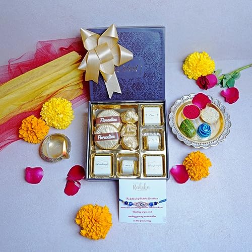 Image of Rakhi Gift Hamper with Festive Confections Box for Brother | Rakhi Hamper with Assorted Chocolates and Rakhi with a Greeting card