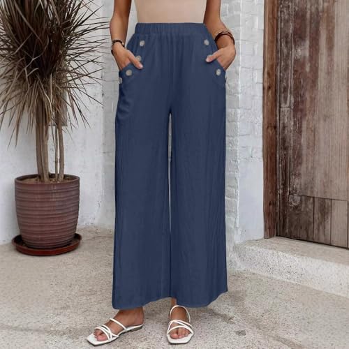 Womens Loose Casual Pants Elastic Waist Wide Leg Trousers Cotton Pants Pockets with Button3
