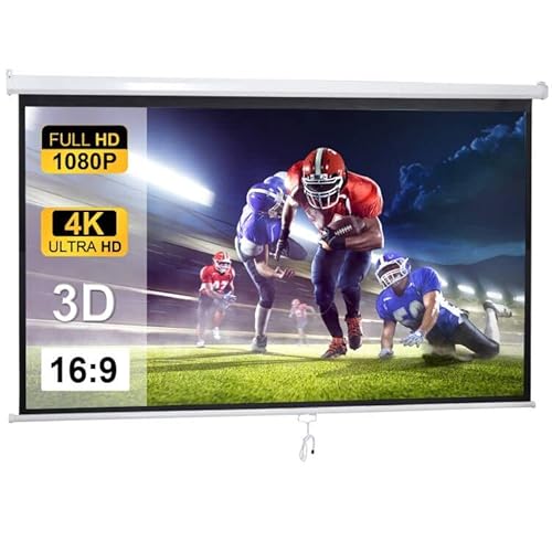 Image of Smartxchoices 100" 16:9 HD Manual Projector Screen with Auto Lock Anti-Crease Home Theater Office Wall Mounted Ceiling Pull Down Projection 1.1 Gain Matte White, View Size: 87 x 49 inches
