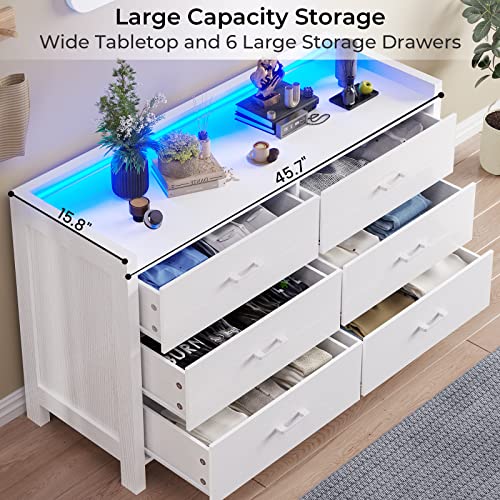 Hasuit 6 Drawer Dresser With Led Lights, Large Capacity Wooden Storage Cabinet, Chest Of 6 Drawers, White Dresser For Bedroom, Hallway, Entryway #TOP2