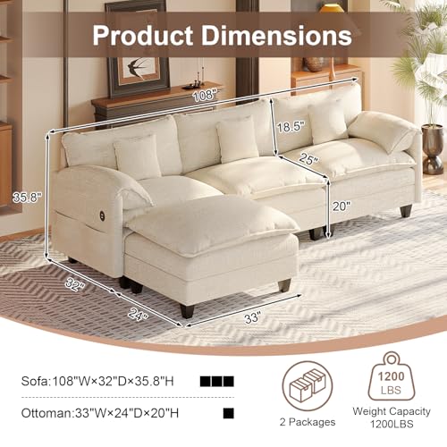 Modular Sectional Sofa, 108” Comfy Cloud Couch with Movable Ottoman | Charging Station | Side Pocket | Throw Pillow, Modern L-Shaped Couches for Living Room, Chenille, Beige - Image 3