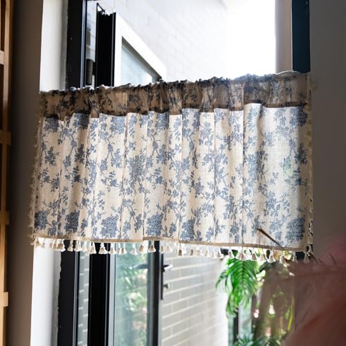 Visillo semitransparente de 90 x 140 cm KnSam, cortina bohemia beige y azul 4