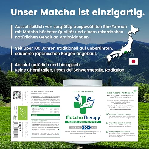 Matcha Tee - BIO Ceremonial Matcha Pulver - Grüntee aus Japan – EGCG 90+ | Labor geprüft: Mindestens 90mg/g natürliche EGCG Antioxidantien – Erste Ernte – Unterstützt Immunsystem & Energie | 60g