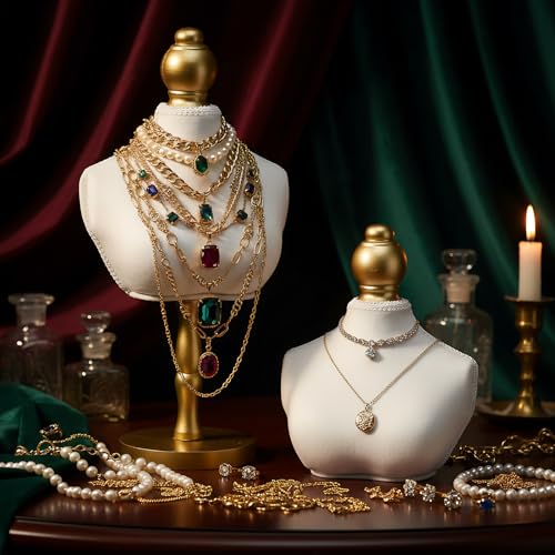 AceOrbit 2 Pcs Vintage Velvet Necklace Display Stand Mannequin Velvet Jewelry Necklace Holder Elegant Decor for Wedding Jewelry Selling Trade Shows(White,13.8 and 6.7 Inches)
