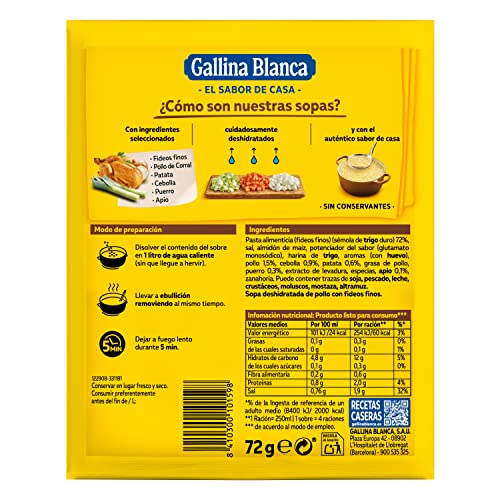Miniatura 2 de Gallina Blanca Sopa De Pollo Con Fideos Finos Sopa Deshidratada Sin Conservantes, Baja En Grasa - Sobre 71g, 4 Raciones