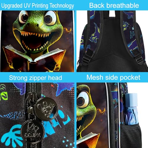 Image of 3Pcs Dinosaur Backpack for Boy, 16 inch Bookbag for Elementary Preschool Kindergarten, Kids School Backpacks with Lunch Box (Black)