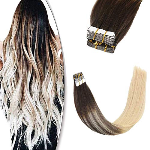 YoungSee 24 Inch Human Hair Tape in Extensions Balayage Dark Brown Ombre to Bleach Blonde Tape Hair Extensions Balayage Human Hair 20pcs 50g