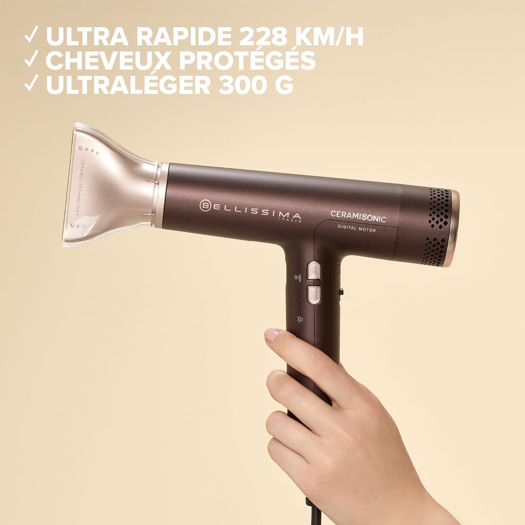 Bellissima – Sèche Cheveux Numérique CERAMISONIC 21014 – Moteur Haute Vitesse – Flux Air 228 Km/H – Ion Ceramic Anti Frisottis – Accessoire Cheveux Léger Silencieux – Diffuseur Embout Précision