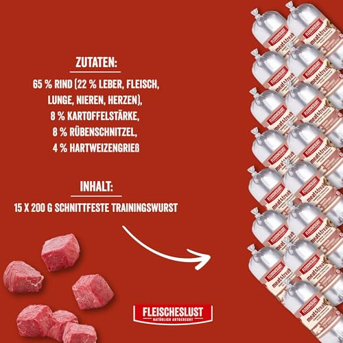 Fleischeslust Hundewurst, Meat&Treat Rinderleberwurst(15x200g), schnittfeste Trainingswurst, Hundefutter für ausgewachsene Hunde