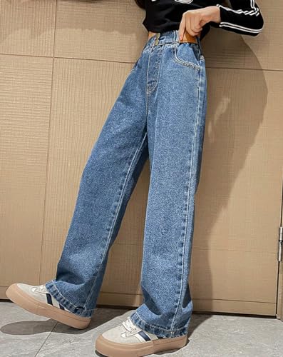 Girls Baggy Wide Leg Jeans Elastic Waist Casual Washed Denim Pants Age 5-142