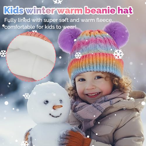 Girls Beanie with Double Pom Pom, Thick Warm Fleece Lined Knit Kids Winter Hat for 3-9 Years2