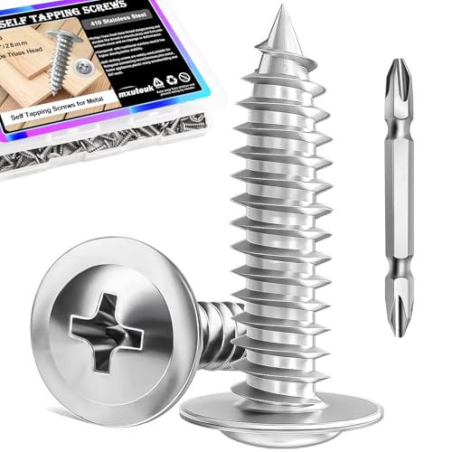 mxuteuk #8×1″ Wood Screws,Phillips Modified Truss 410 Stainless Steel Head Wood Screws,Quick Metal Self Tapping Screw (165PCS)