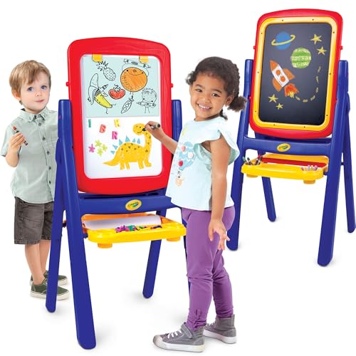 Crayola Qwikflip 2-Sided Kids Easel 360 Rotating Magnetic Whiteboard & Chalkboard 4-in-1 Art Station with Paper Roll & 77 Magnetic Letters Folds Flat for Storage