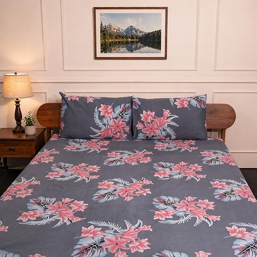 Image of Amazon Brand - Umi Cotton Fitted Bedsheet, Queen Size 78x60 Inches, Elastic Fit Bed Sheet, 10 Inch Deep Pocket, Soft Breathable Bedding, Durable Easy Care, with Pillow Cover-Twilight Blossom