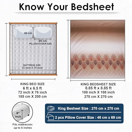 Image of Story@Home Luxe 100% Cotton Sateen Weave Compact Yarn Bedsheet King 108 x 108 Inches Motif 300 TC Soft Flat Sheet with 2 Pillow Covers 18 x 27 Inch -Cocoa Dusk Ombre-Gift Packaging