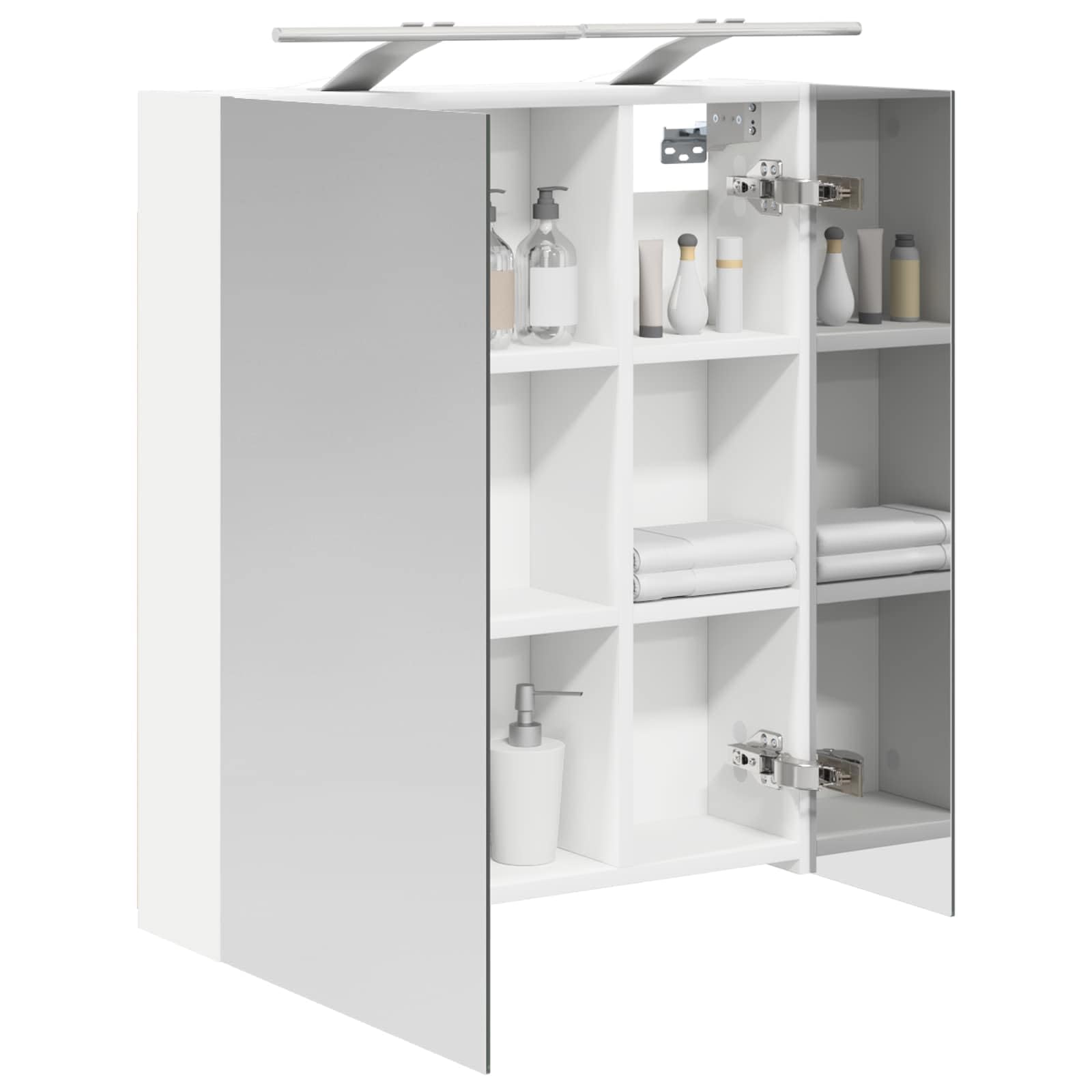 Szafka łazienkowa z lustrem biała, 60 x 14,5 x 70 cm, materiał drewnopochodny z dwoma półkami, oświetlenie LED, złącze USB, montowana na ścianie, do łazienki, toalety dla gości, miejsce do