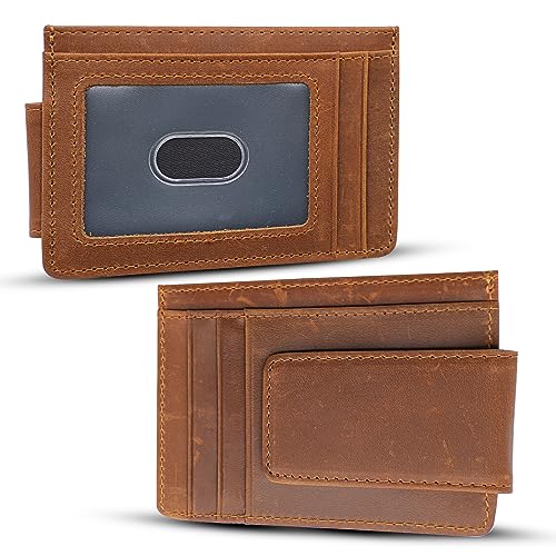 Genuine Leather Money Clip Wallet, Minimalist Mens Wallet, Strong Magnetic Clip with RFID Blocking, Card Case With Money Clip, Slim Front Pocket Wallet, Money Holder with ID Window (Brown)