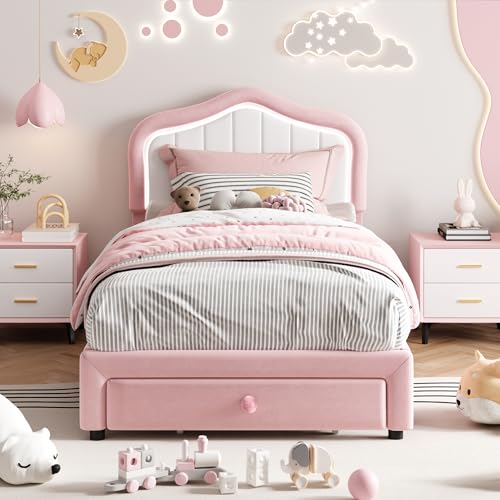 GarveeHome Upholstered Twin Bed Frame with Led Lights and Storage Drawer, Cute Velvet Led Bed Frame with Headboard for Kids, Girls, Boys, No Box Spring Needed, Wooden Slats, Noise Free, Pink