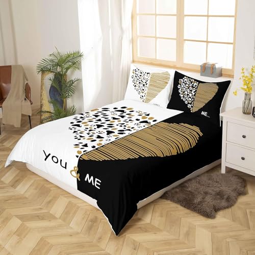 Homemissing Double You and Me Gold Black Heart Shaped Quilt Cover Couple Romantic Valentine's Day Family Bedding Linen White - Image 3