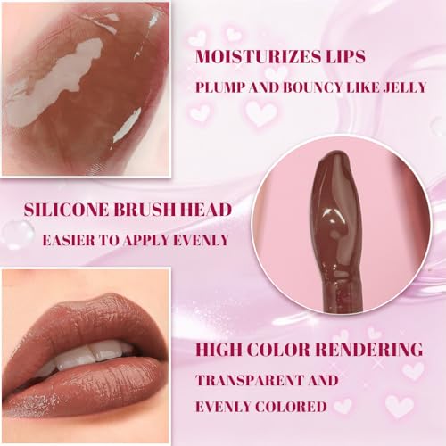 Image of WanTuoluo Jelly Lip Gloss, Soft Lip Tint, Instantly creates a Sheer Glass-like Shine, Cool Blue Red Rose Mocha Bean Chocolate Brown Colors, Smoothing, Moisturizing, Plump and Hydrated (B05)