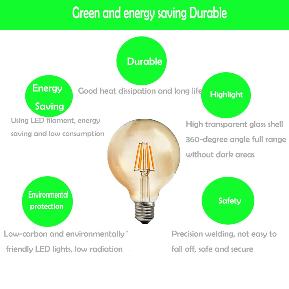 6 lampadine LED Edison G80, E27, 6 W, stile vintage, con filamento, 60 W, 2300 K, luce bianca calda, AC 220 V-240 V, non dimmerabili