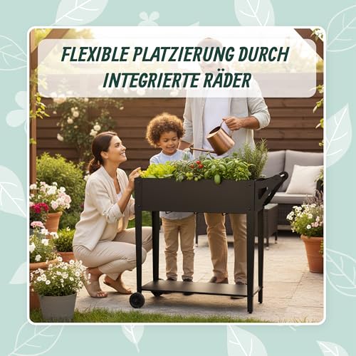 Relaxdays Hochbeet, mit Ablage, 2 Räder, Garten, Balkon & Terrasse, HxBxT: 80 x 85 x 50 cm, mobiles Tischbeet, schwarz