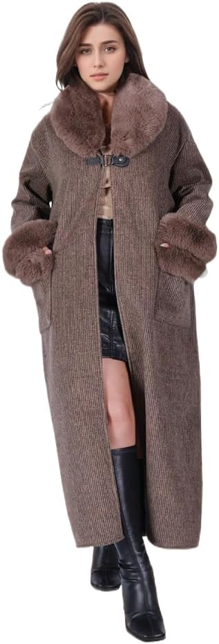 Women Winter Warm Faux Fur Jacket Thicken Cape Fur Collar Robe Coat Loose Knitted Cloak Shawl for Party Cocktail Daily