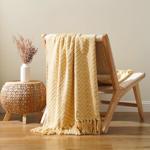 Image of BATTILO HOME Gold Throw Blanket for Couch, Knit Yellow Throw Versatile for Chair, Super Soft Warm Mustard Throw Blanket with Tassels for Twin Bed, Sofa and Living Room, 60 inchx80 inch
