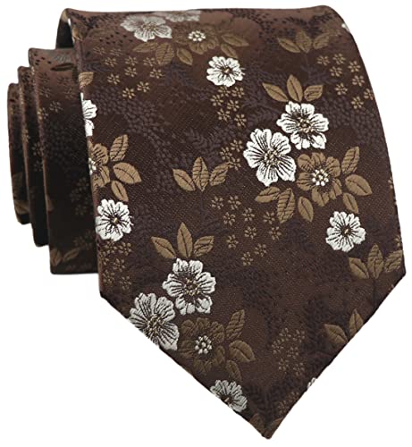 Elfeves Mens Brown with White Floral Cravat Ties Woven Business Formal Necktie Nearwear
