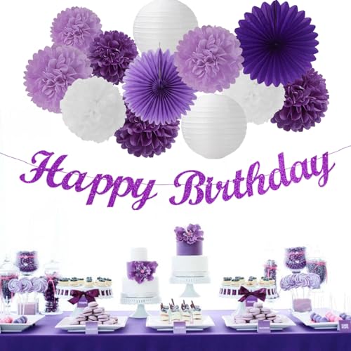 Image of Purple White Birthday Party-Decorations Paper-Flowers - 14pcs Happy Banner Lavender Lanterns Tissue Pom Poms,Lilac Streamers Garland Fans,Women Girls Adult Kids Office Hanging Supplies Decor Hugfond