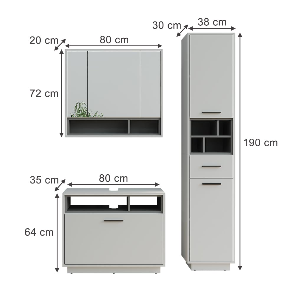 Vicco Badmöbel-Set Beatrice, Grau/Anthrazit, 80 cm, besteht aus Waschbeckenunterschrank, Spiegelschrank und Hochschrank