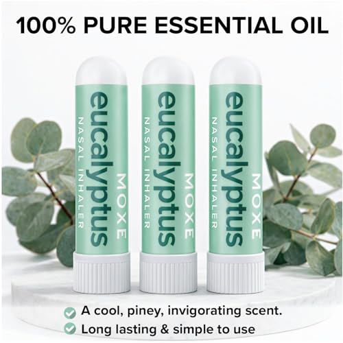Image of MOXĒ Eucalyptus Essential Oil Nasal Inhaler, Sinus & Congestion Relief, Daily Relaxation, Stress Relief, Therapeutic No-Mess Aromatherapy, Pure and Natural, Made in USA (3 Pack) packaging may vary