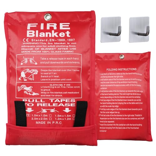 Image of Emergency Fire Blankets 2 Pack 39 inch*39 inch, Fiberglass Fire Blanket for Emergency Survival Safety, Emergency Retardant Blanket for Kitchen House Camping Car Office Warehouse, with Hooks*2 (002)