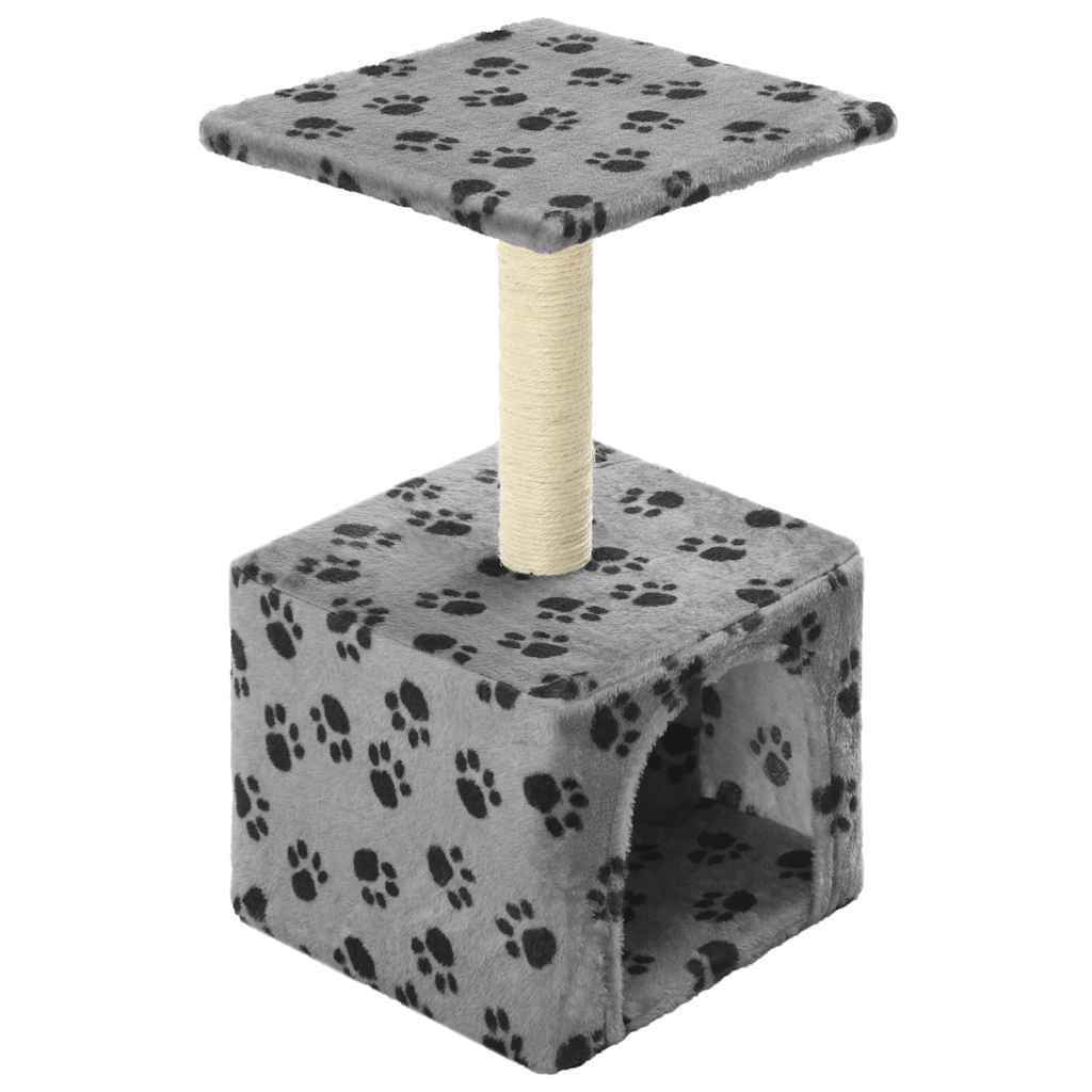 Árbol rascador para gatos de 55 cm de alto con casa y plataforma, tronco rascador para gatitos y gatos pequeños envueltos en sisal, muebles para gatos estables grises con diseño de patas