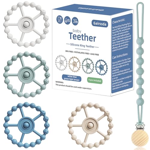 Image of 5 Pack Stylish Silicone Baby Teething Toys: 4 Teething Rings and Extra Silicone Clip, Toddler Teether, Teething Rings for Babies 0-6 Months 6-12 Months, Infant Teething Relief, 4 Month Baby Essentials