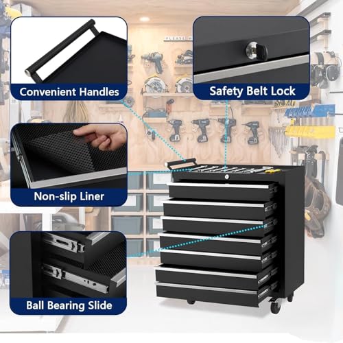 IDEALHOUSE Rolling Tool Chest, 7 Drawers Tool Storage Cabinet, Toolbox with Wheels, Portable Tool Cabinet Organizer with Locking System & Drawer Liners, Tool Storage Cart for Garage, Workshop, Black