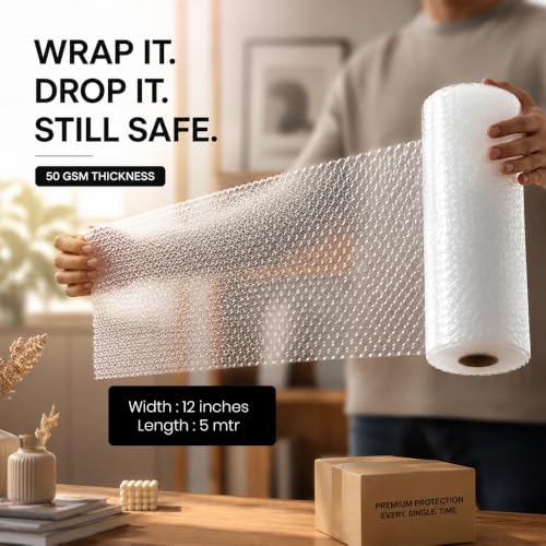 Image of Glaze Protective Bubble Wrap Roll | Air Cushion Packaging Material for Glassware, Electronics, Crockery & Fragile Products | Lightweight & Durable (5 Meter)