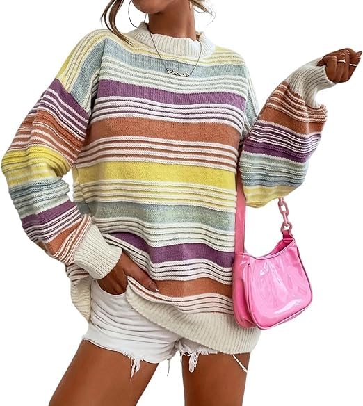 Women Contrast Striped Pullover Sweater 2025 Fall Crewneck Long Sleeve Loose Colorblock Knit Jumper Casual Oversized Tops