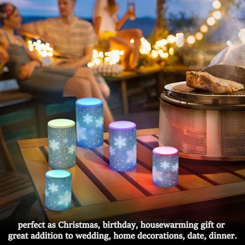 Image of Flickering Flameless Candles, Christmas Snowflakes Blue Background LED Candles with Remote Timer, Set of 2 Battery Operated Candle for Valentine Wedding Birthday